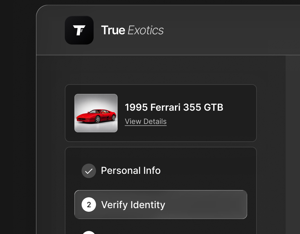 Dealjacket checkout branded as True Exotics — dealer logo, 2017 Ferrari F12 TDF, Personal Info complete, Verify Identity step active.
