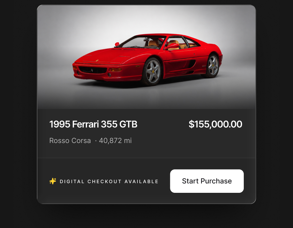 Dealership vehicle listing with a 'Digital checkout available — Start Purchase' button overlay from Dealjacket.