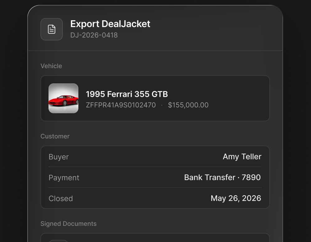 Export DealJacket dialog — DJ-2026-0418 marked Completed for a 1994 Lancia Delta Integrale Evo 2, with Power of Attorney, As-Is Statement, and Odometer Disclosure ready for encrypted export.