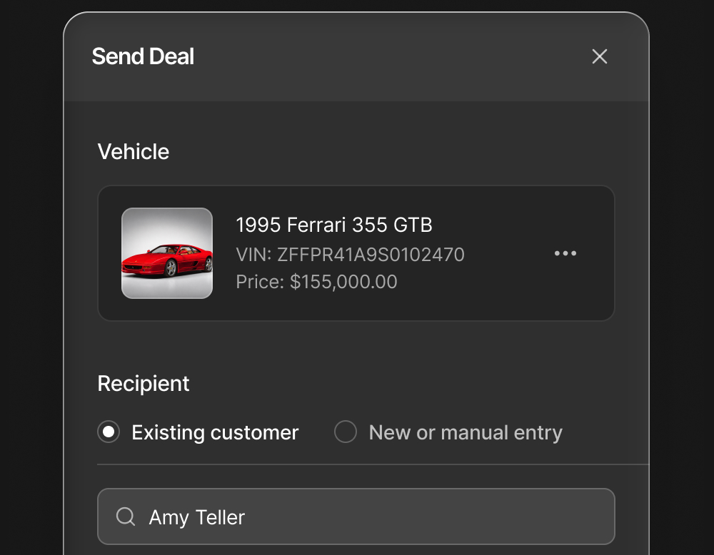 Dealjacket Send Deal dialog — pick a vehicle, set pricing, and send to an existing customer.